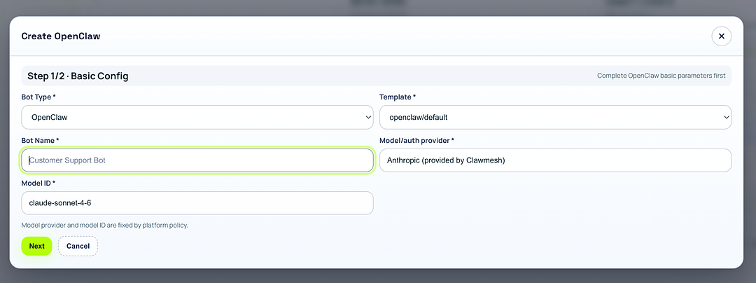 Step 1/2 Basic Config screen with OpenClaw fields