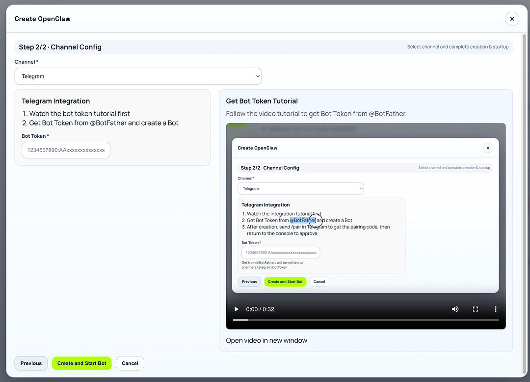 Step 2/2 Channel Config with Telegram Integration and token tutorial video